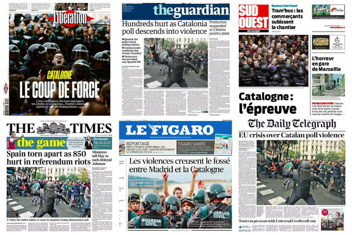 Ce lundi matin, la répression policière contre le referendum en Catalogne fait la Une de la presse française et britannique. ©DR