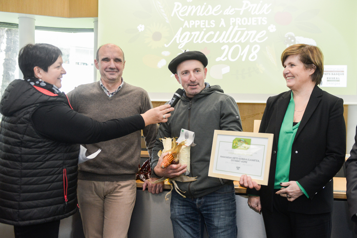Jon Harluxet de l’association Arto Gorria a reçu une aide financière de la CAPB pour développer la culture de la variété de maïs roux basque. © Isabelle MIQUELESTORENA